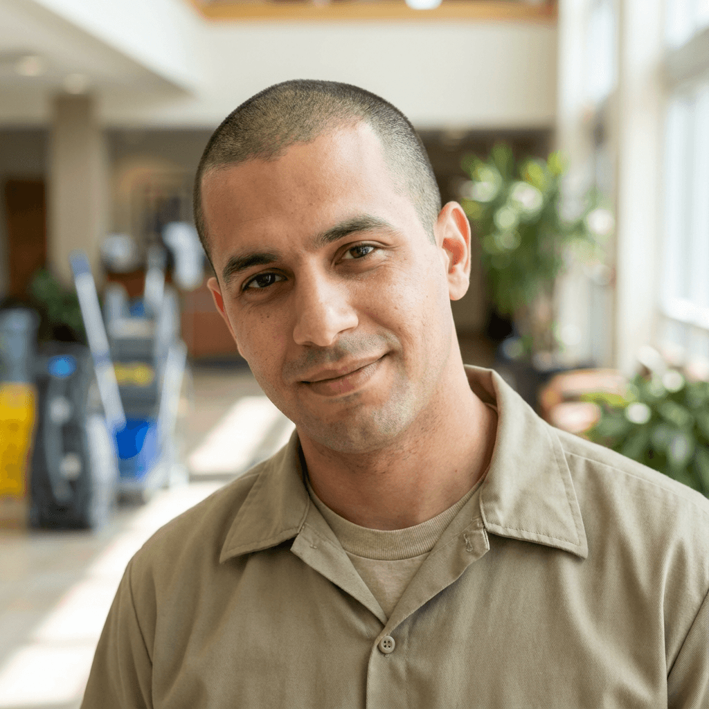 Jonathan R. in a business casual shirt near an office water cooler