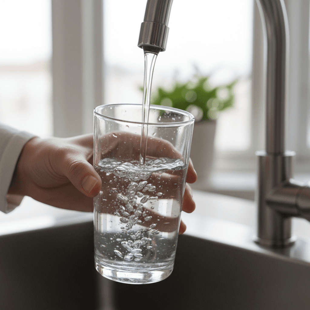Clear water filling a glass from a kitchen faucet