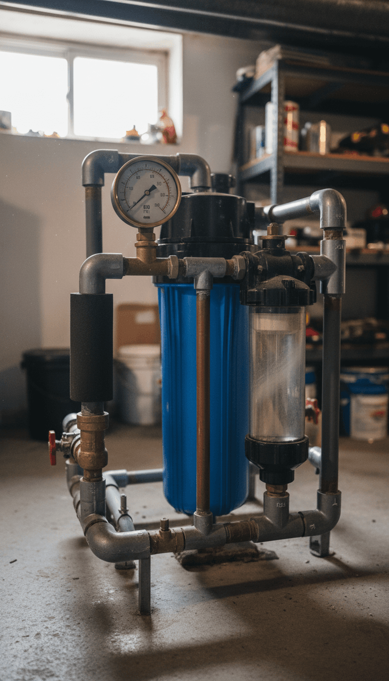 Water filtration system with pressure gauge installed in a Montreal home