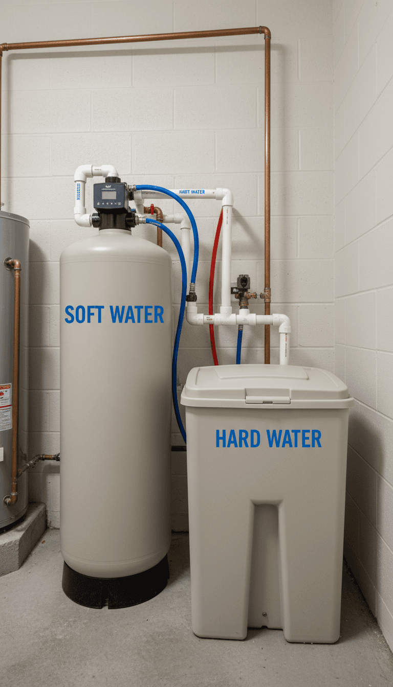 Residential water softener system with connecting pipes