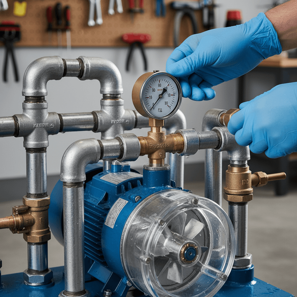 Technician adjusting pressure gauge on a water pump