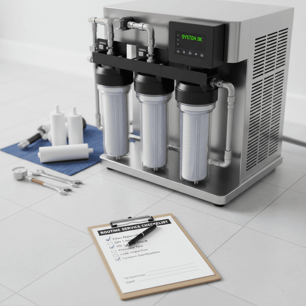 Maintenance checklist next to a water filtration unit