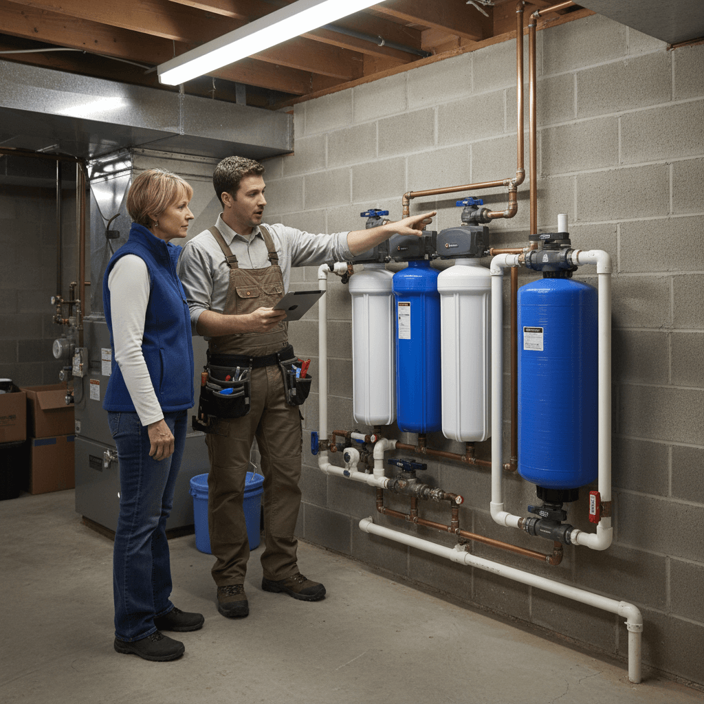 Technician explaining a water system to a homeowner