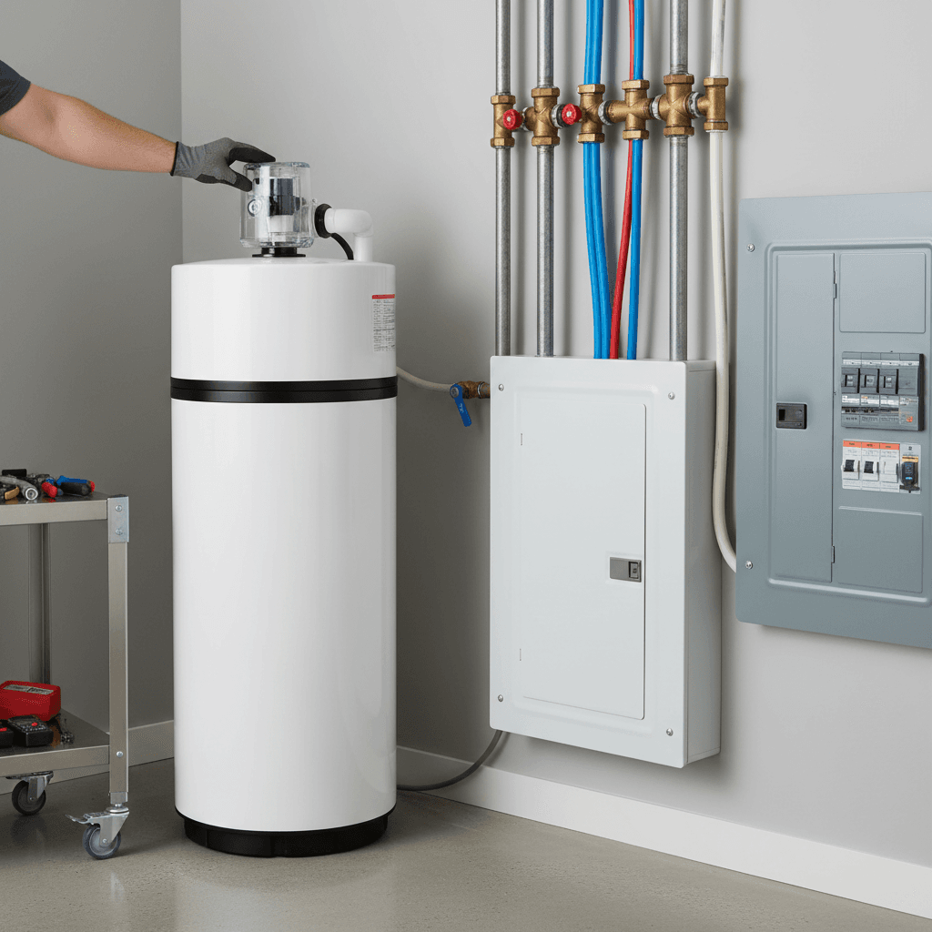 Technician inspecting a water softener in a utility room