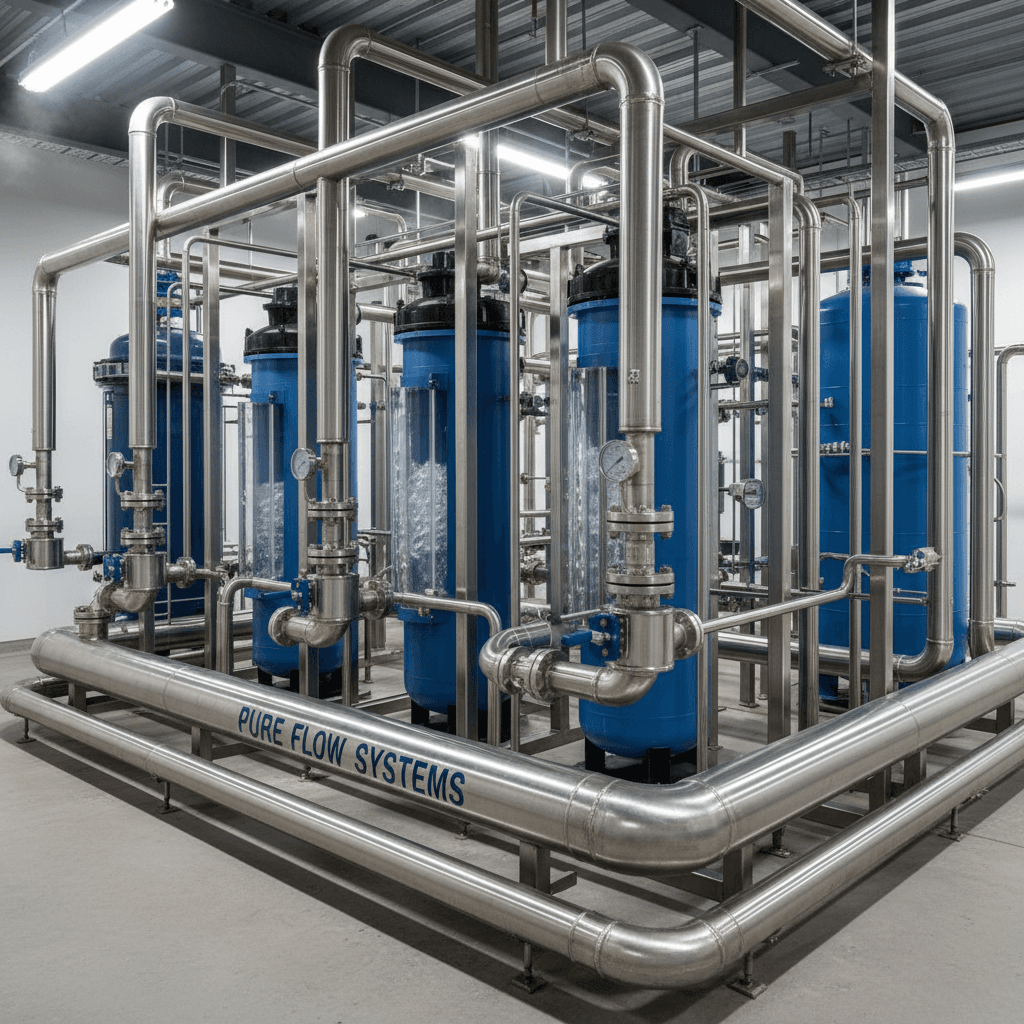 Water filtration system with metal pipes and pressure gauges
