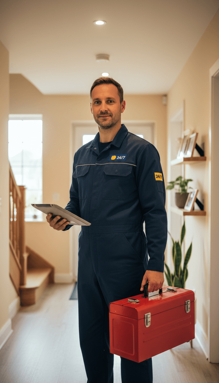 A technician carrying equipment towards a residential house
