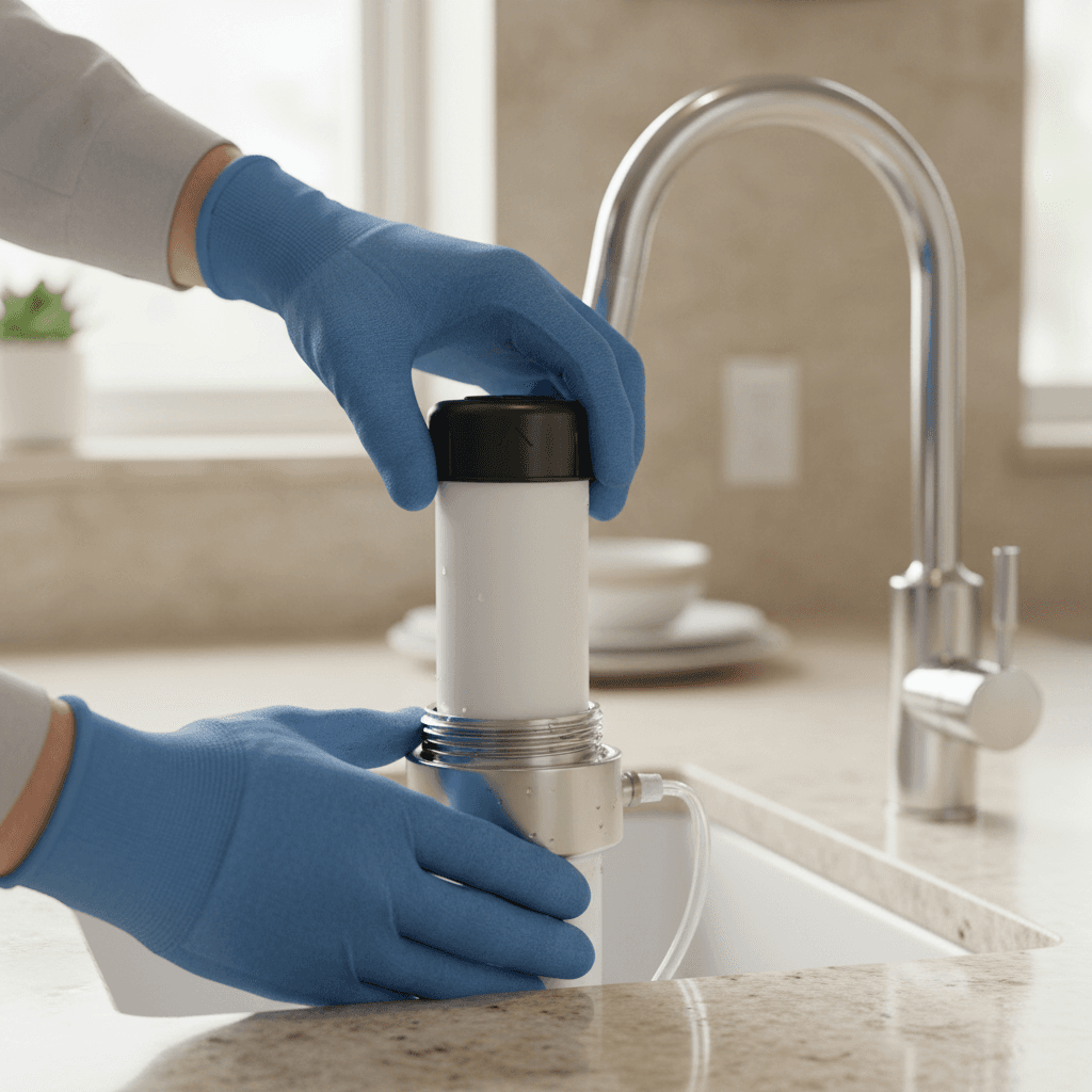 Clear glass of water beside a modern water filtration system