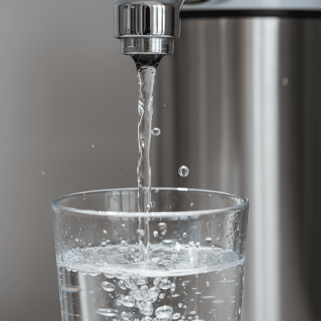 Clear water pouring from a reverse osmosis faucet into a glass