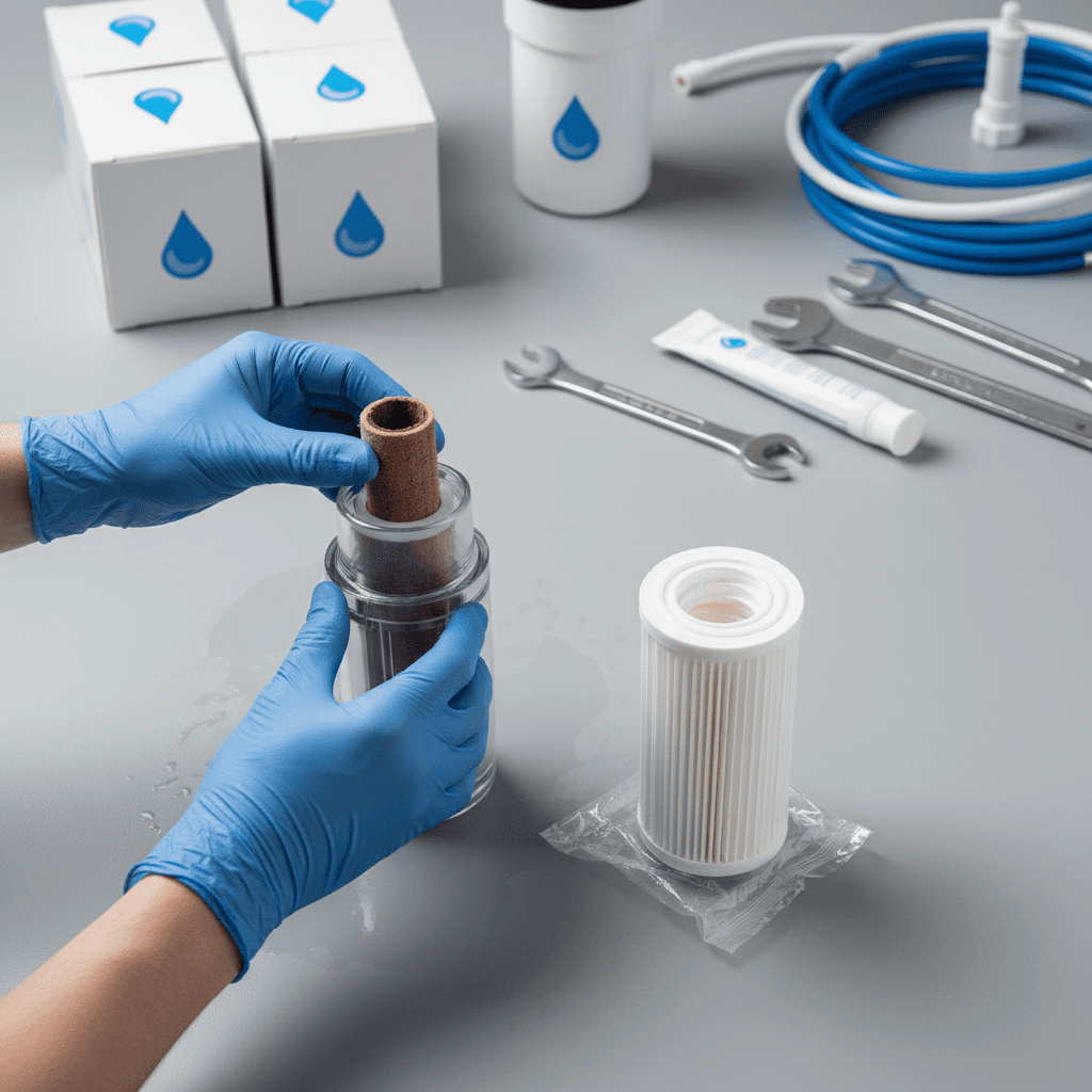 Hands replacing a worn filter cartridge inside a filtration housing