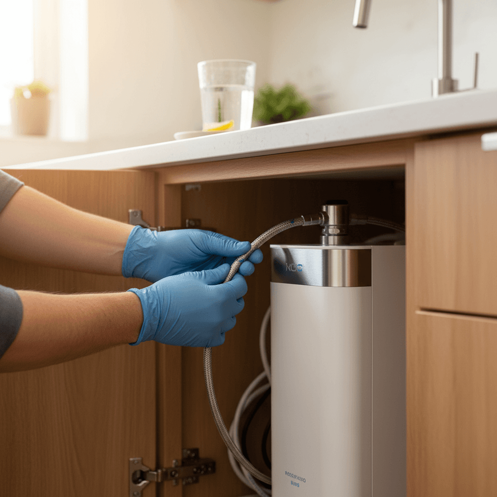 A technician installing a water filter system under a kitchen sink
