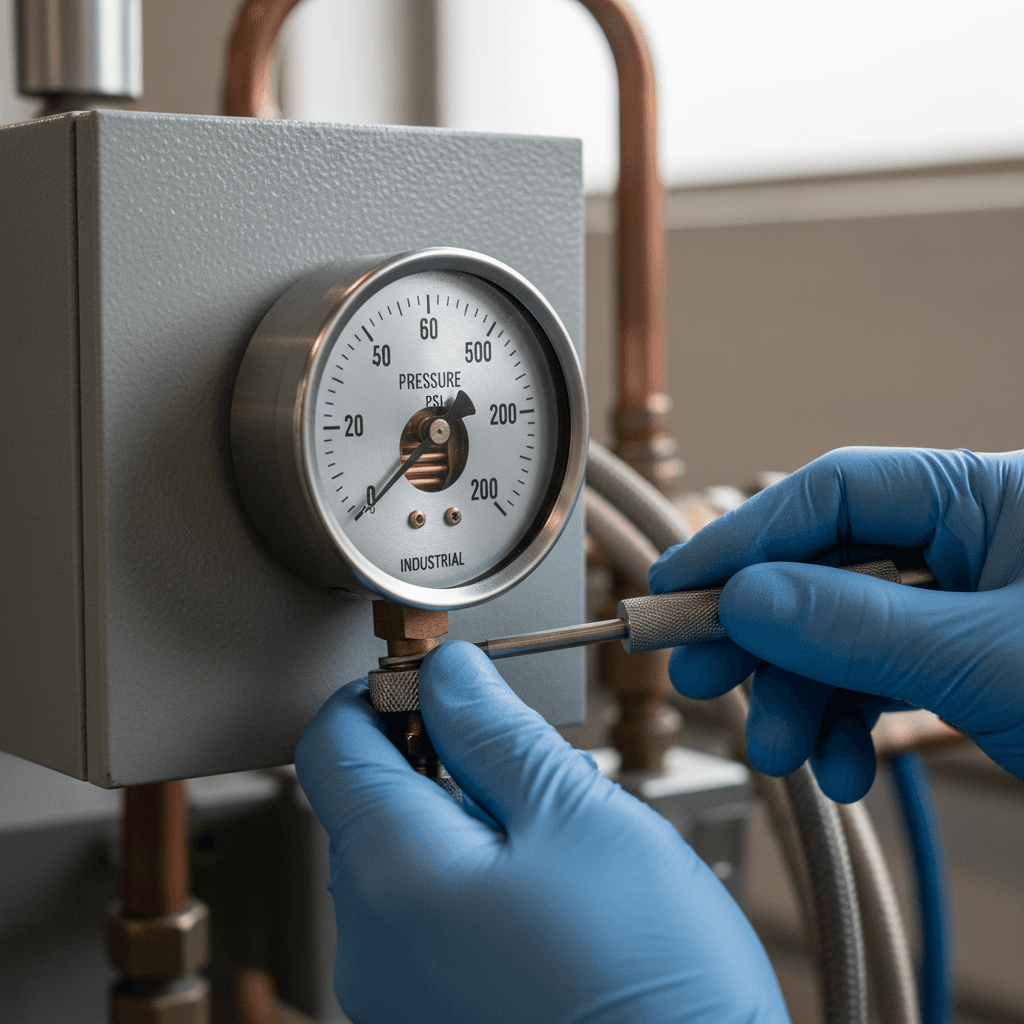 Technician adjusting a pressure tank and sediment filter for a well water system