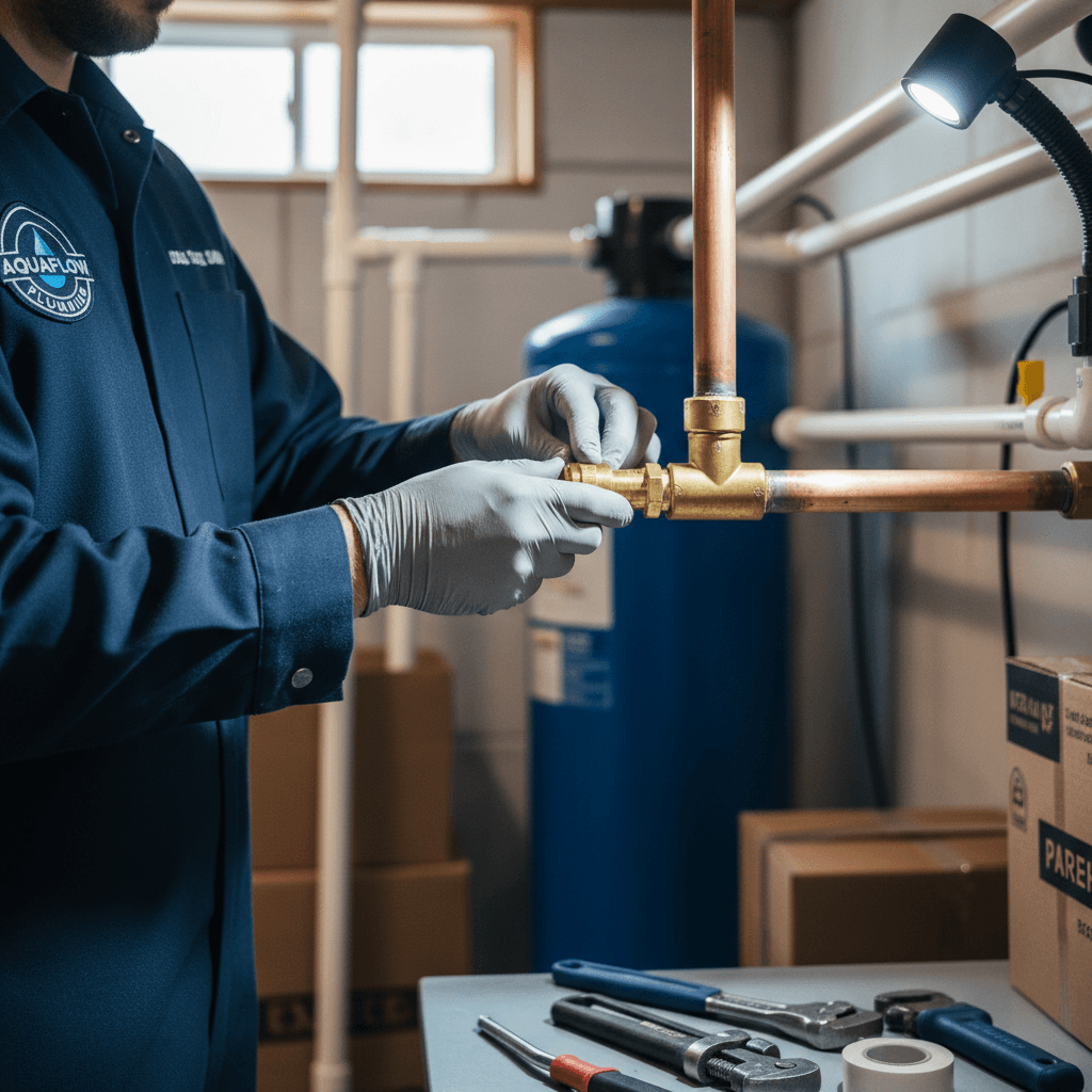 Technician inspecting a water softener unit in a residential basement