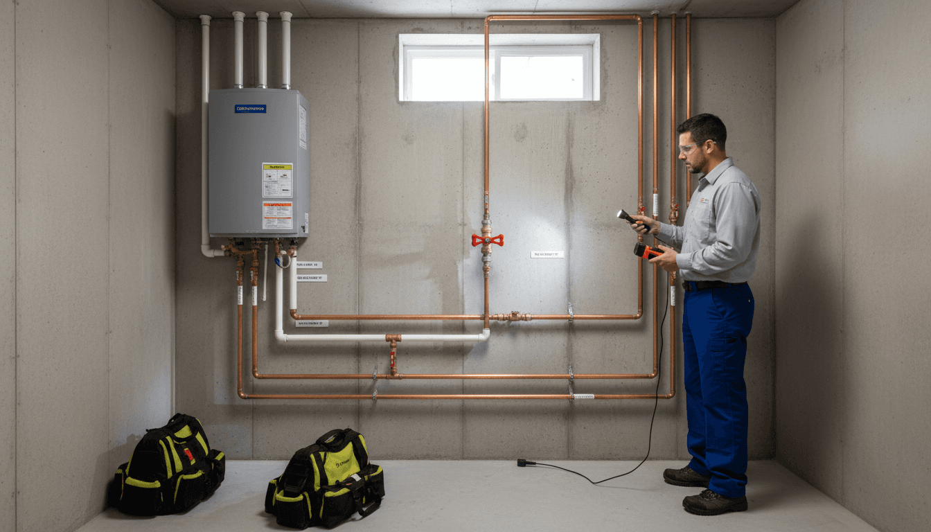 Technician installing a whole-home water filtration system in a utility room