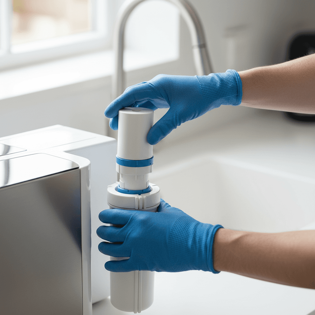 Hands installing a compact under-sink water filter in a kitchen cabinet